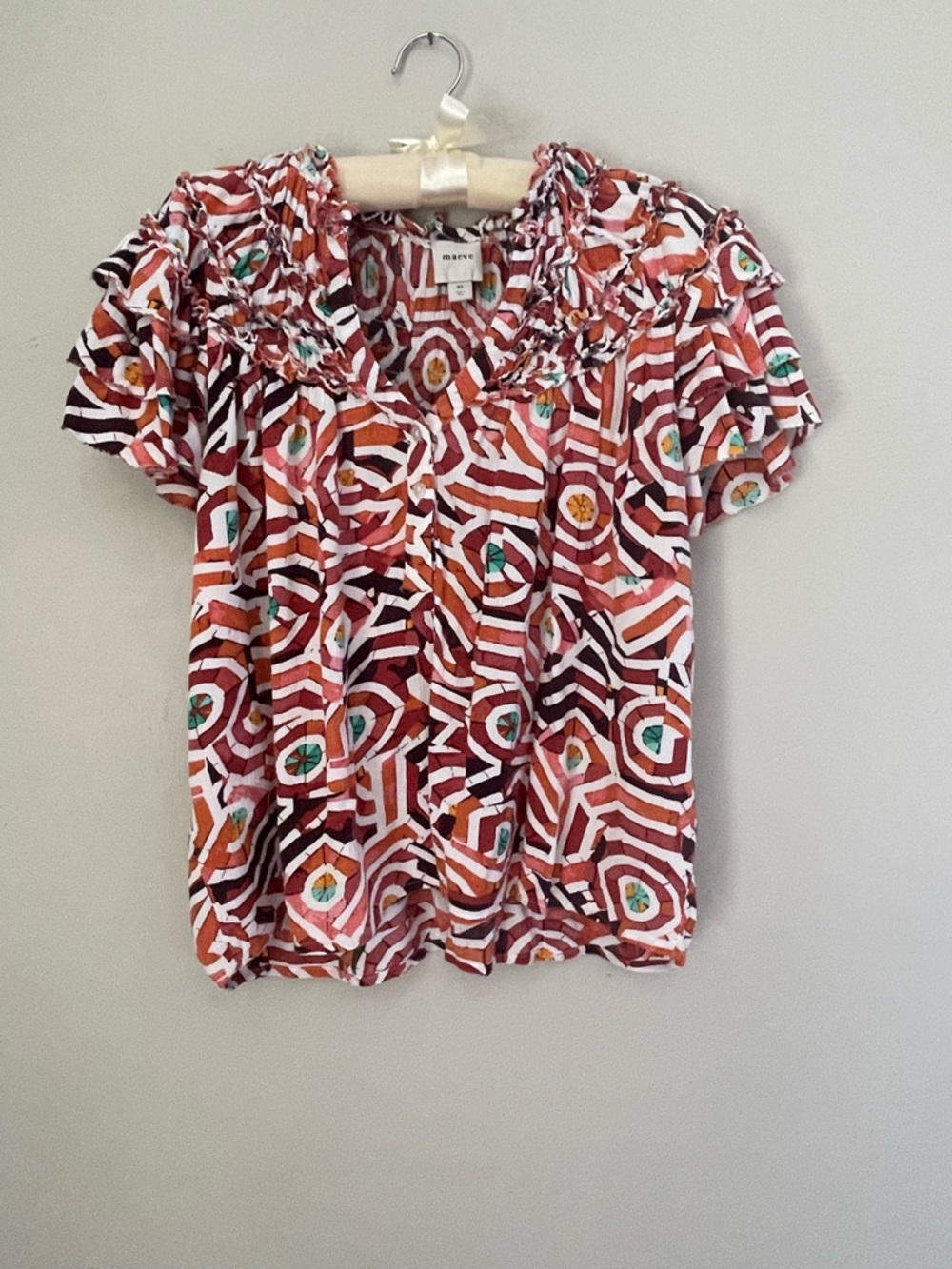Maeve Rust Geo Print Ruffled Short Sleeve Blouse XS
